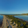 Aerial panorama above Es Cavallet beach, Ibiza